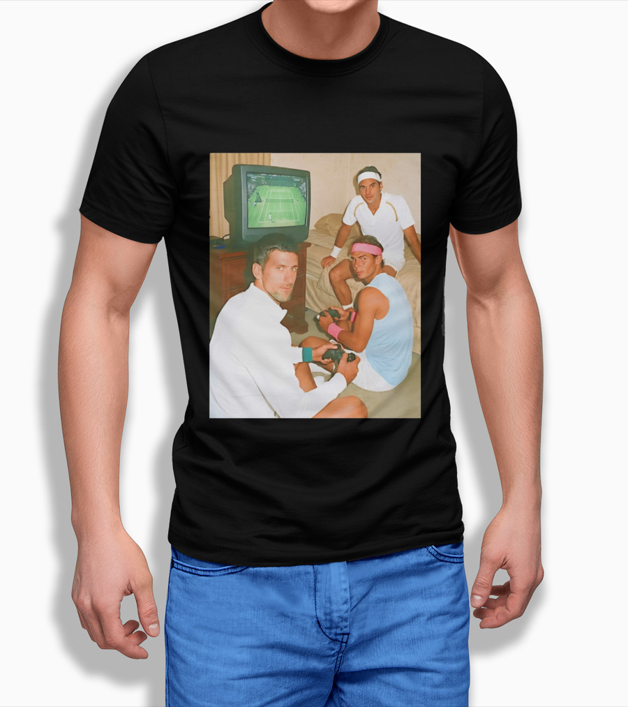 Novak Djokovic Rafael Nadal Roger Federer Playing Tennis Video Game T-Shirt