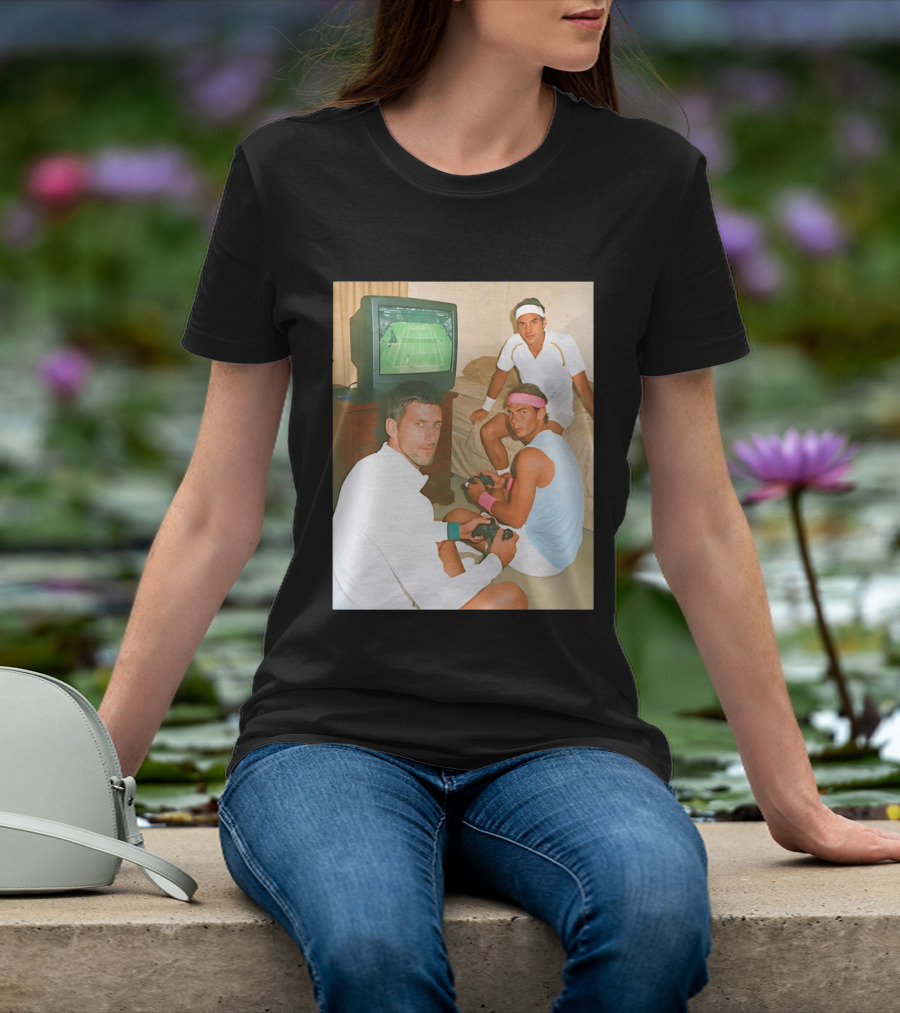 Novak Djokovic Rafael Nadal Roger Federer Playing Tennis Video Game T-Shirt