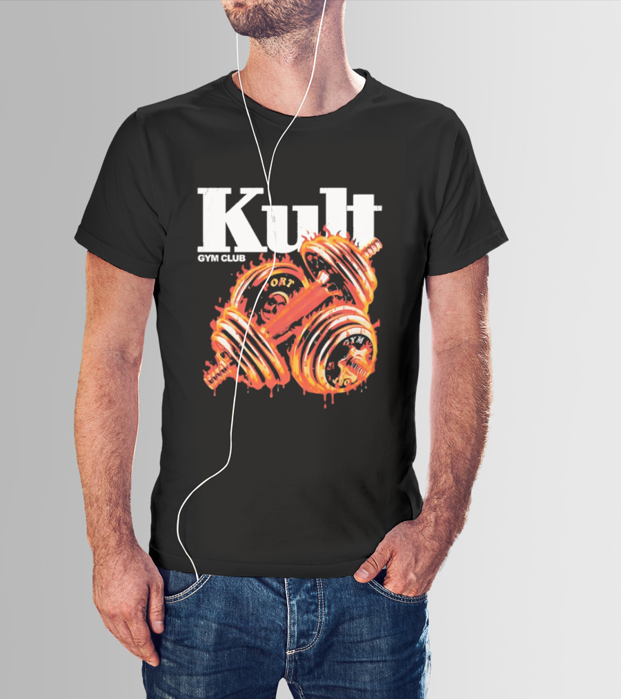 Kult Gym Club Sport Fiery Dumbbells Dripping Lava Distressed T-Shirt