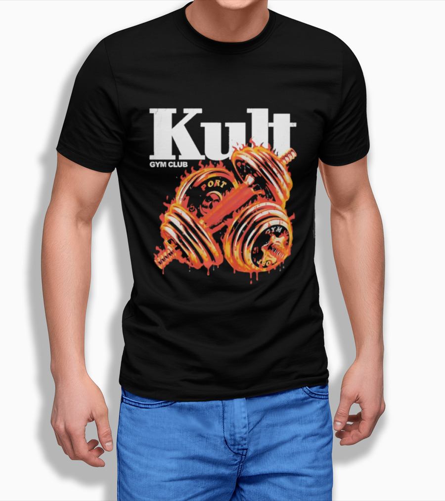 Kult Gym Club Sport Fiery Dumbbells Dripping Lava Distressed T-Shirt