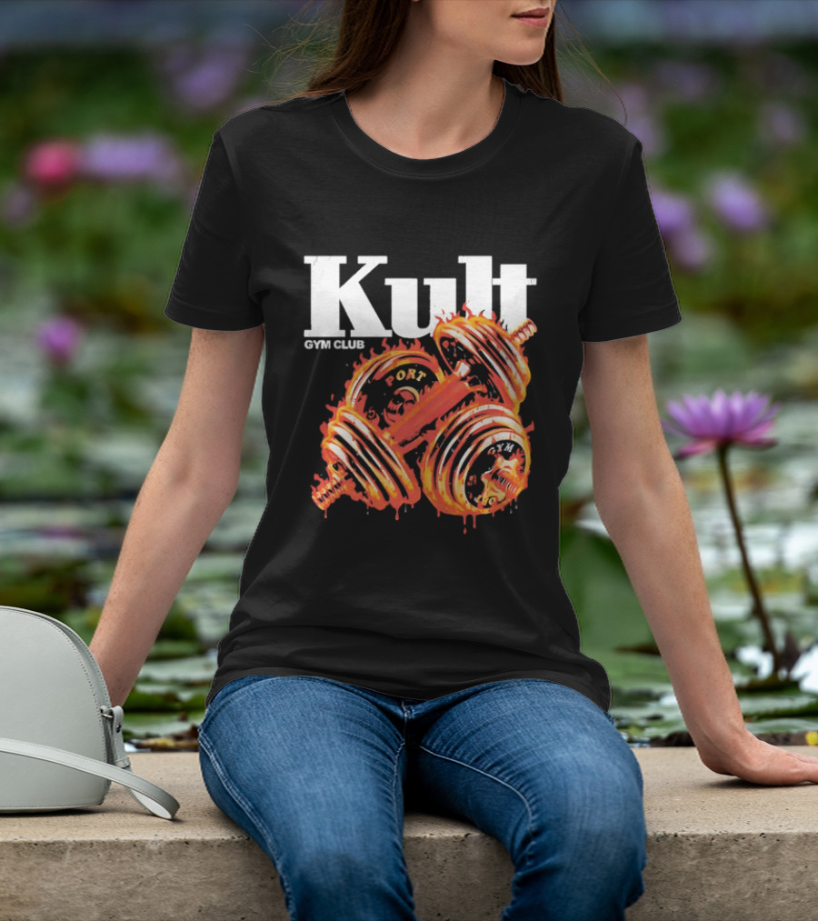 Kult Gym Club Sport Fiery Dumbbells Dripping Lava Distressed T-Shirt