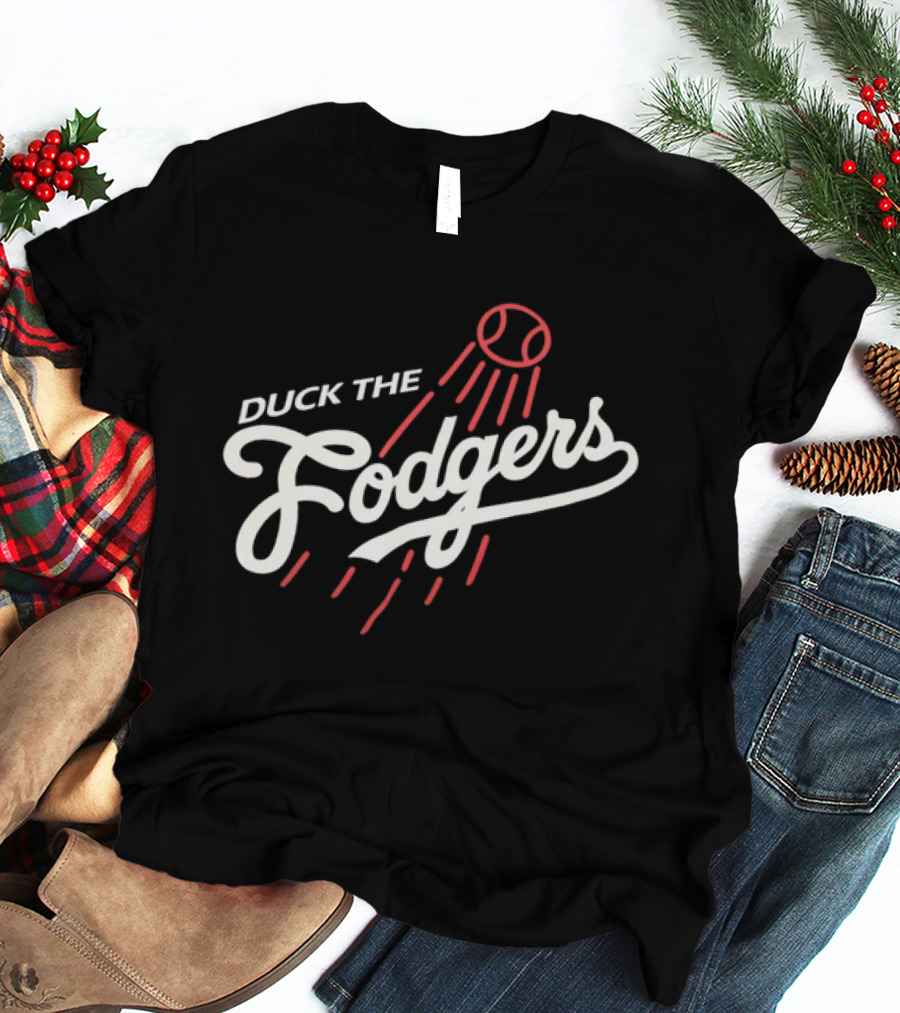 Duck The Fodgers White Script Flying Baseball Red Motion Lines T-Shirt