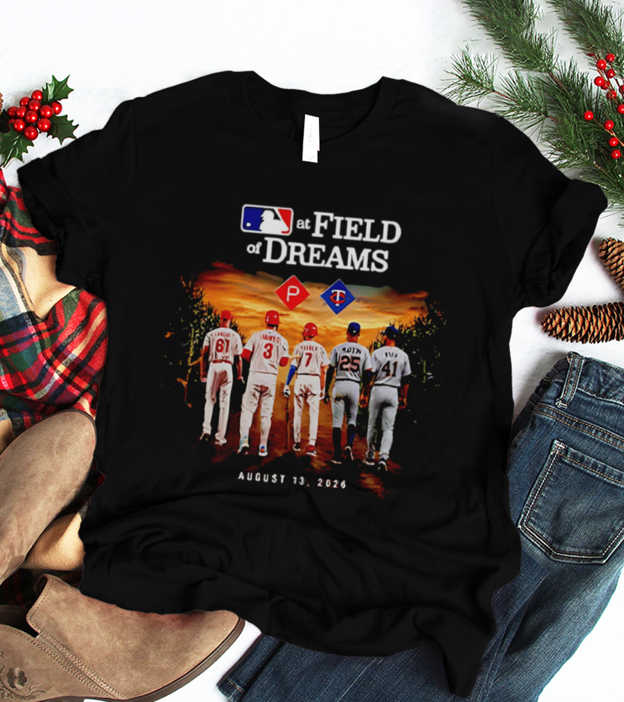 MLB At Field Of Dreams August 13 2026 Philadelphia Minnesota Players Walking Into Cornfield T-Shirt