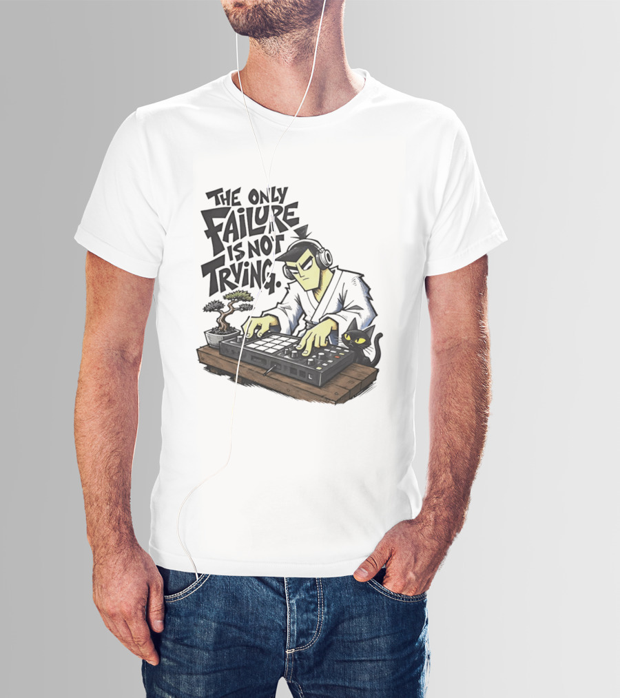 The Only Failure Is Not Trying Samurai DJ With Cat And Bonsai T-Shirt
