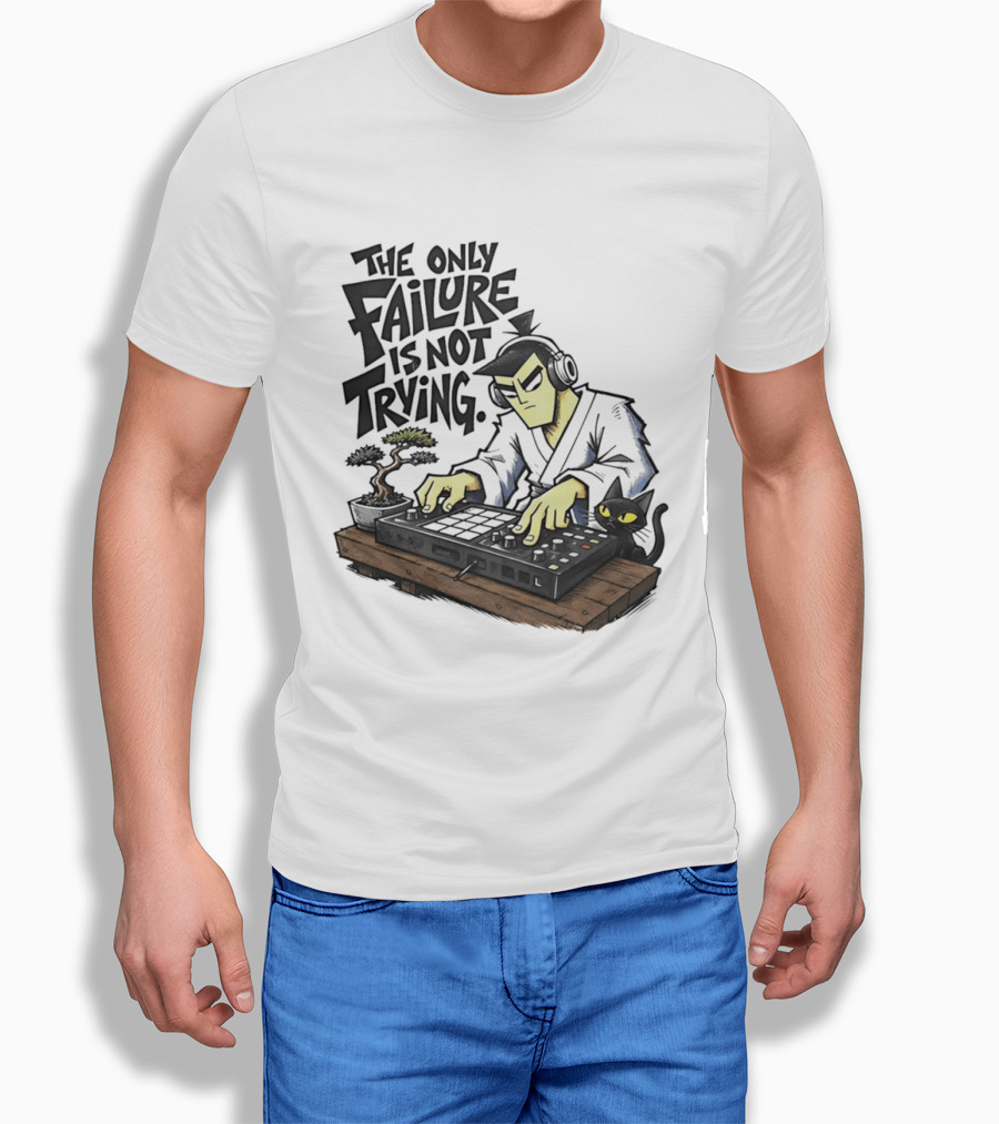 The Only Failure Is Not Trying Samurai DJ With Cat And Bonsai T-Shirt