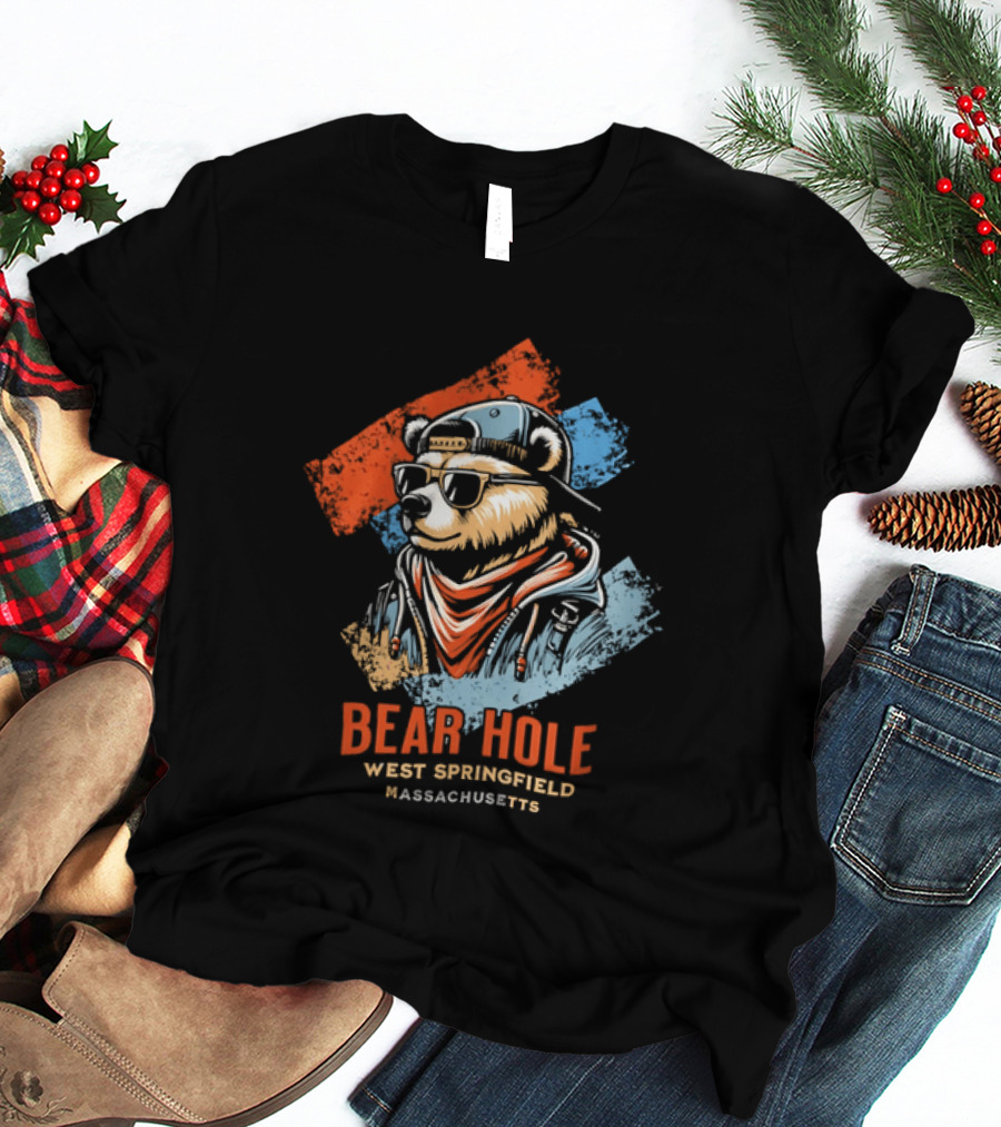 Bear Hole West Springfield Massachusetts Bear Wearing Sunglasses Cap Bandana Distressed T-Shirt