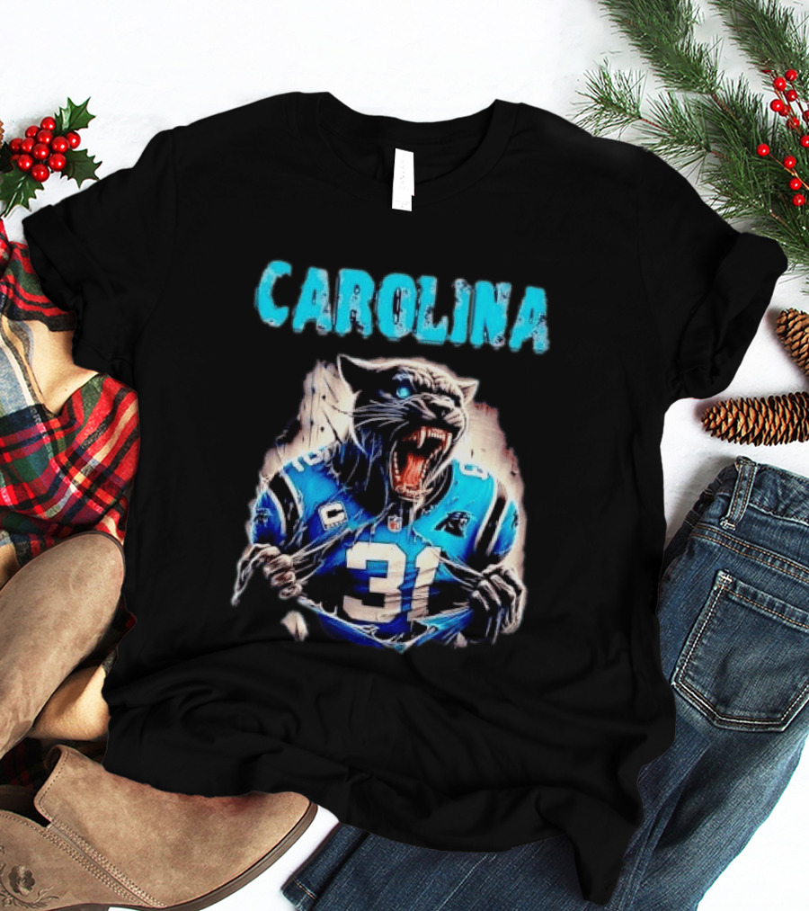 Carolina Panthers Snarling Beast Tearing Blue Jersey 31 T-Shirt