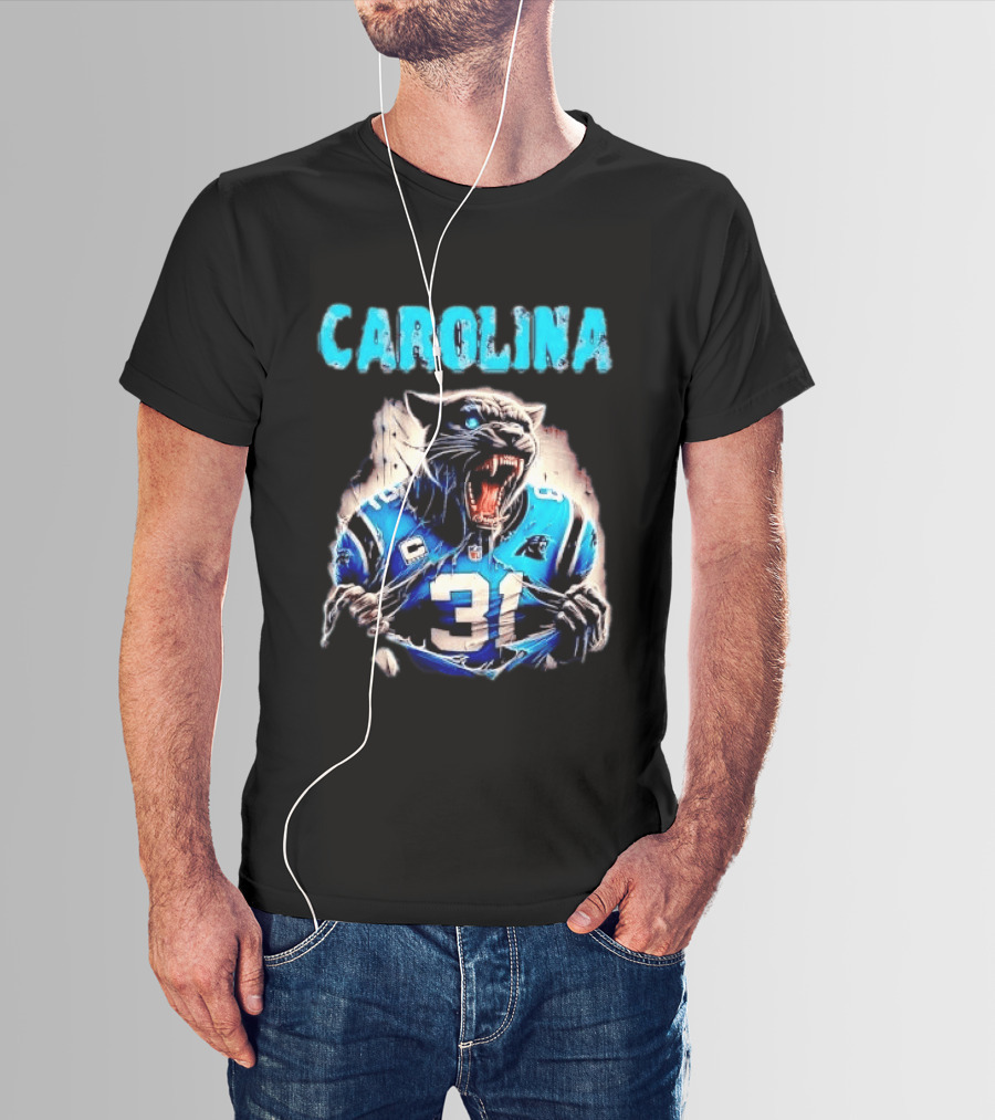 Carolina Panthers Snarling Beast Tearing Blue Jersey 31 T-Shirt