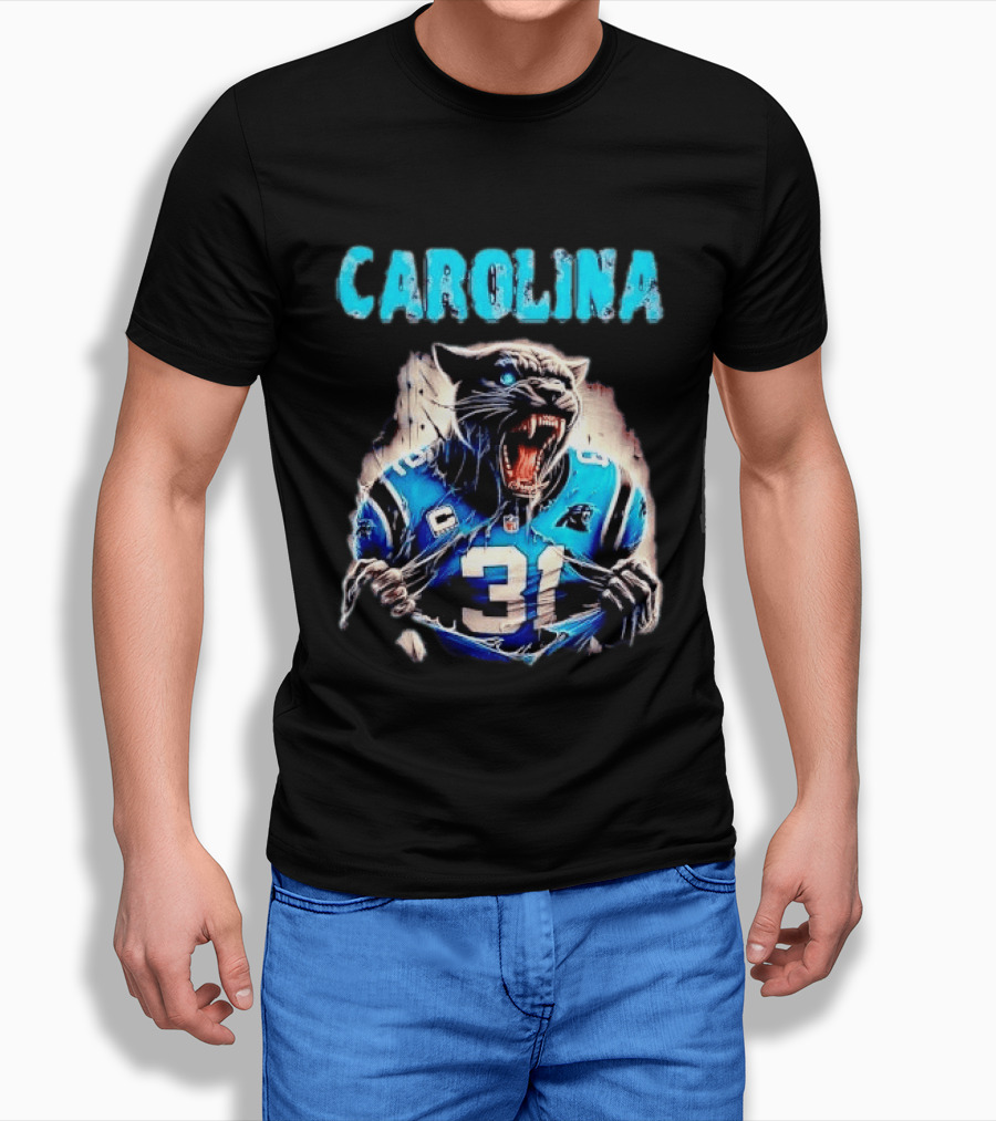 Carolina Panthers Snarling Beast Tearing Blue Jersey 31 T-Shirt