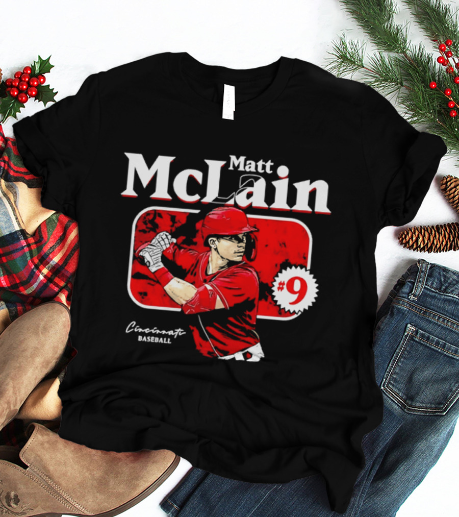 Matt McLain Cincinnati Baseball Number 9 Batter Stance Red Frame T-Shirt