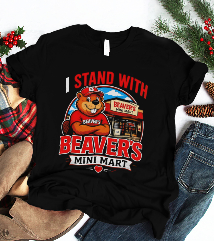 I Stand With Beaver's Mini Mart Cartoon Character Storefront T-Shirt