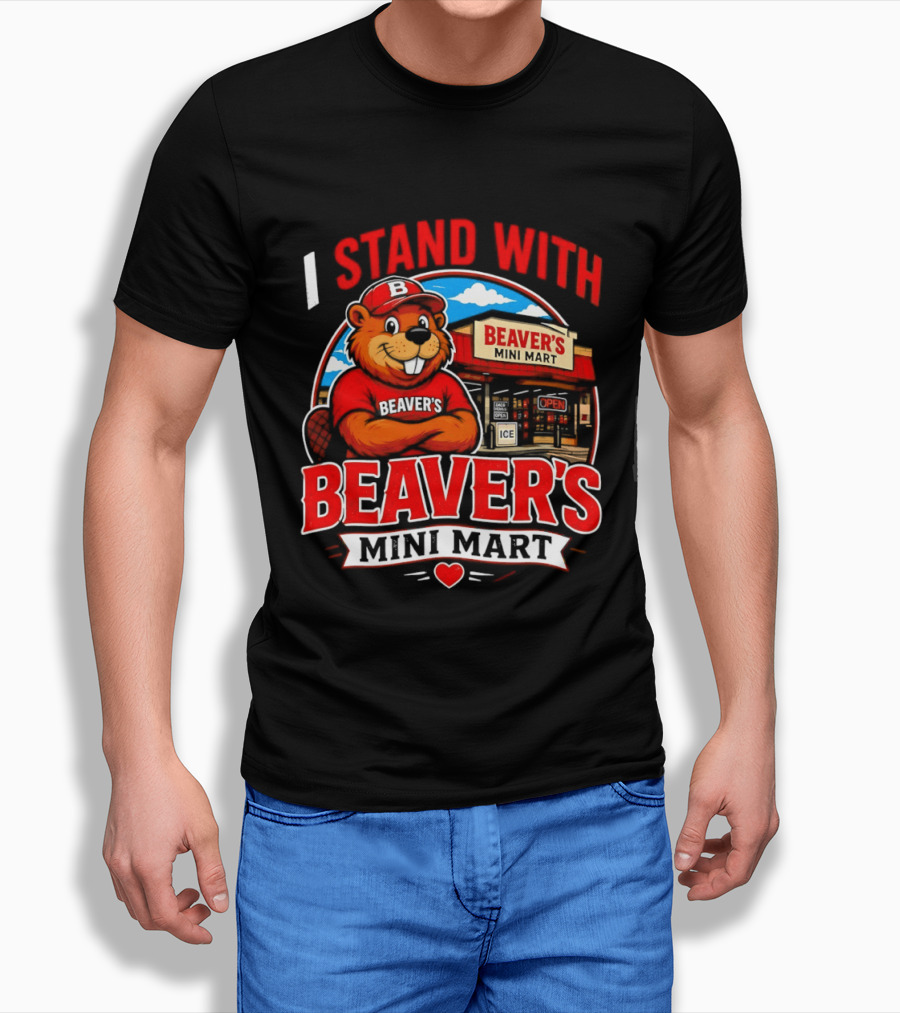 I Stand With Beaver's Mini Mart Cartoon Character Storefront T-Shirt