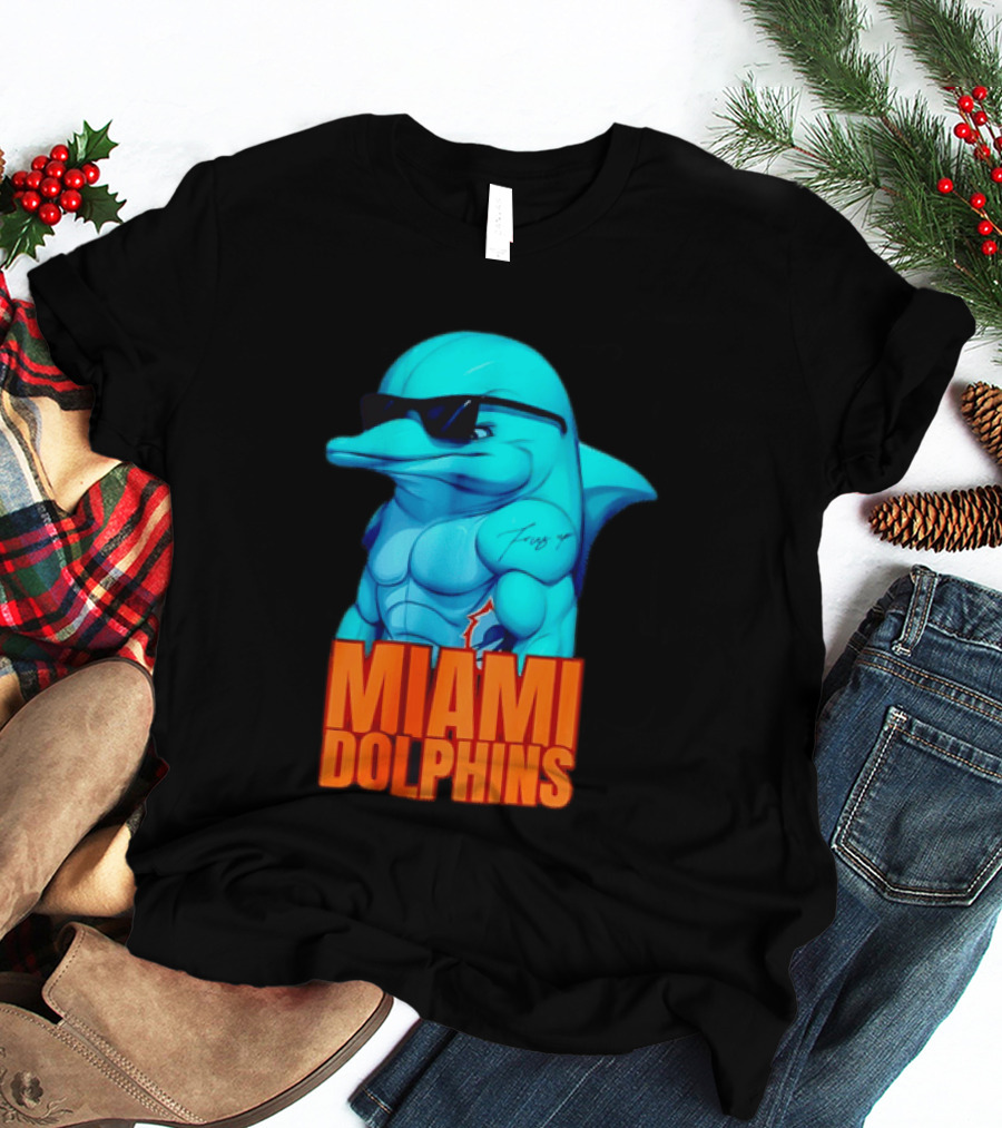 Miami Dolphins Fins Up Muscular Cartoon Sunglasses Tattoo T-Shirt