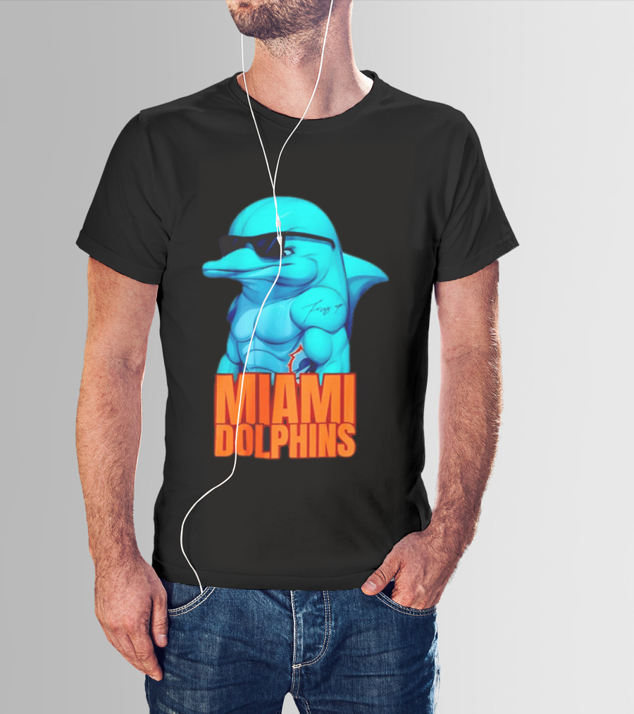 Miami Dolphins Fins Up Muscular Cartoon Sunglasses Tattoo T-Shirt