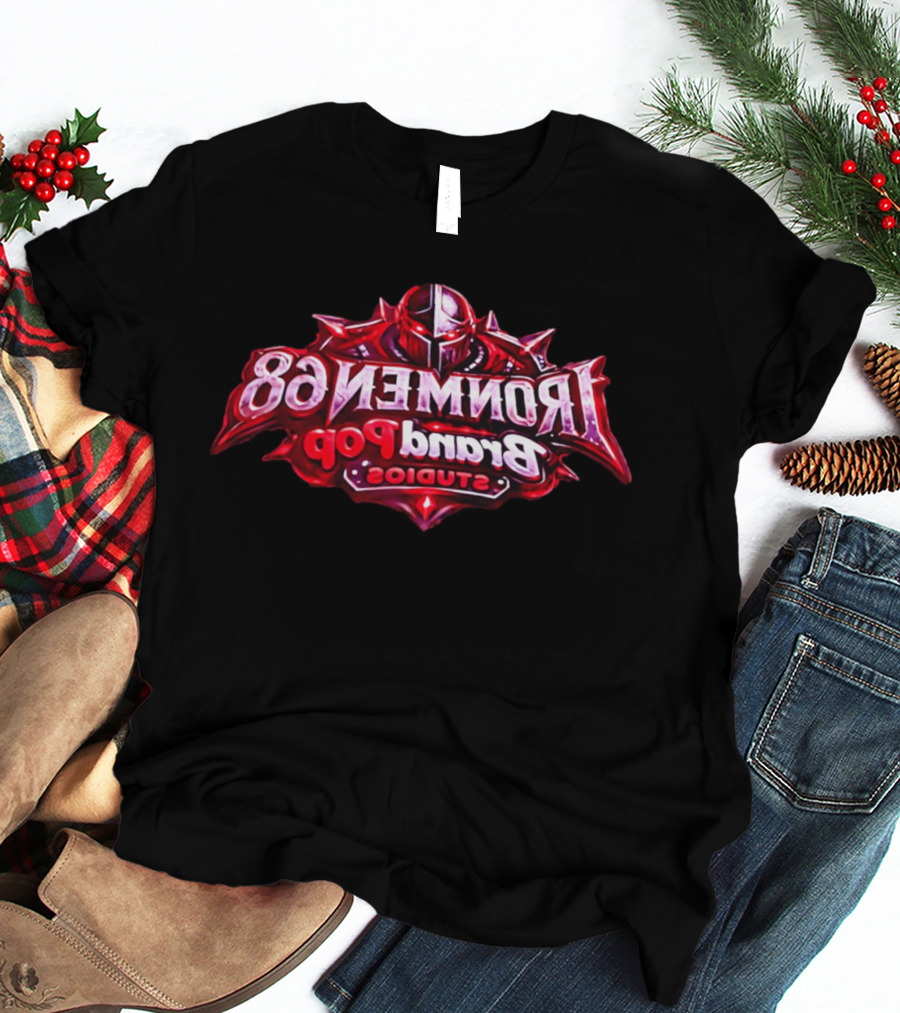 Ironmen 68 Brand Pop Studios Armored Knight Helmet Red Glowing Eyes T-Shirt