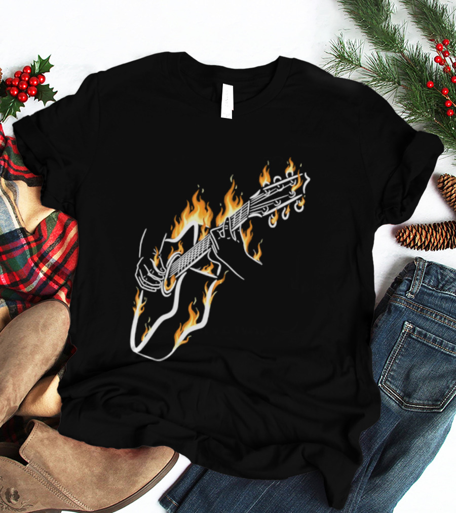Musician Hands Flaming Acoustic Guitar White Line Artistry T-Shirt