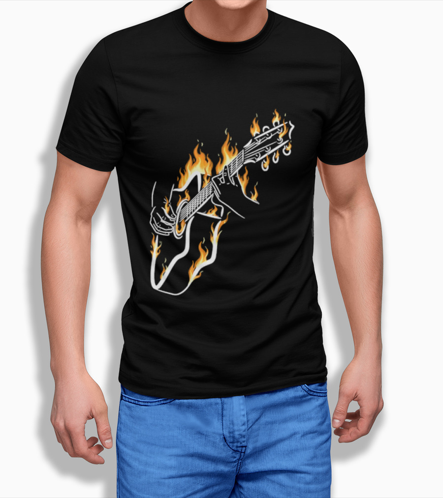 Musician Hands Flaming Acoustic Guitar White Line Artistry T-Shirt