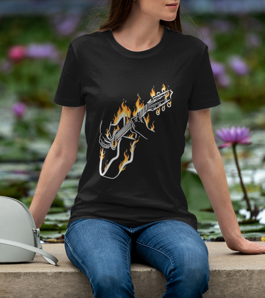 Musician Hands Flaming Acoustic Guitar White Line Artistry T-Shirt