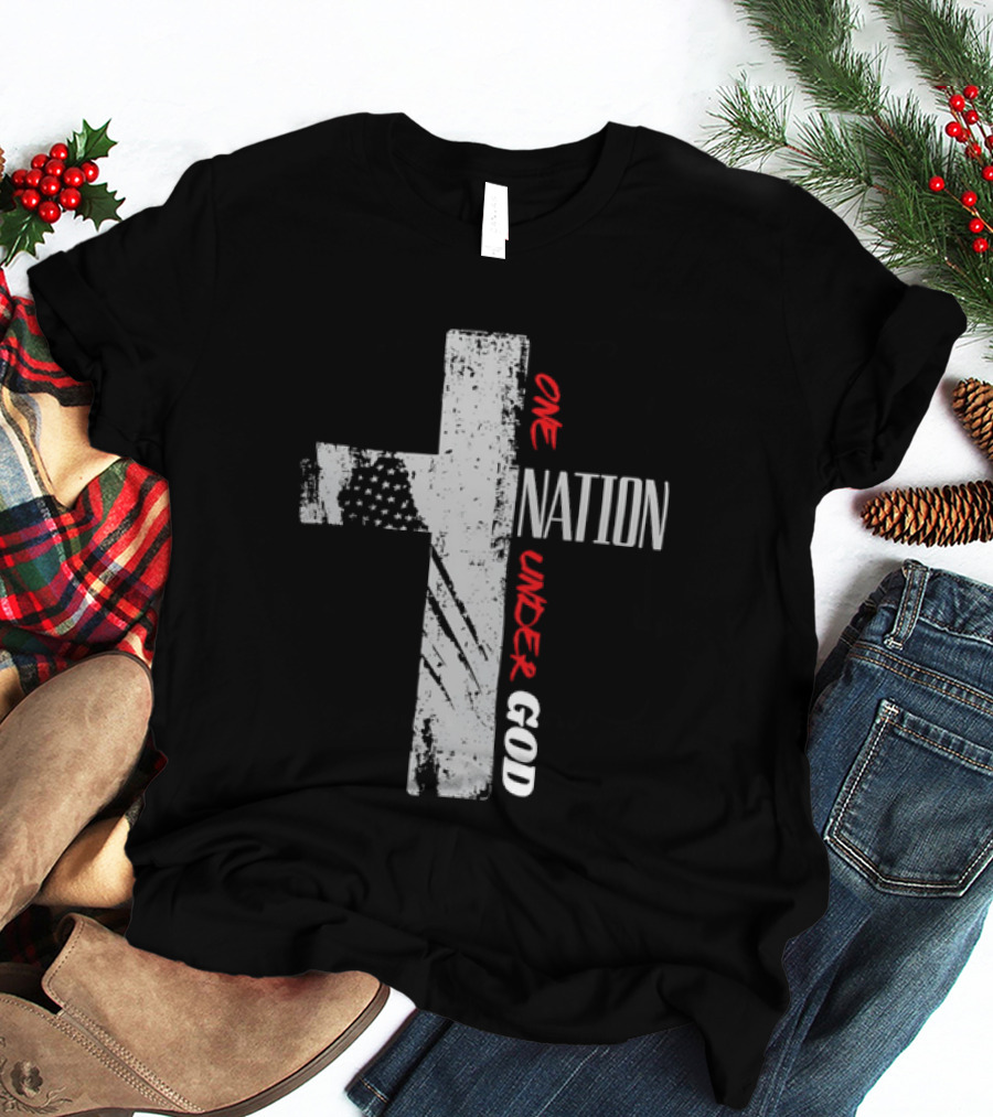 One Nation Under God Distressed Cross American Flag Stars T-Shirt