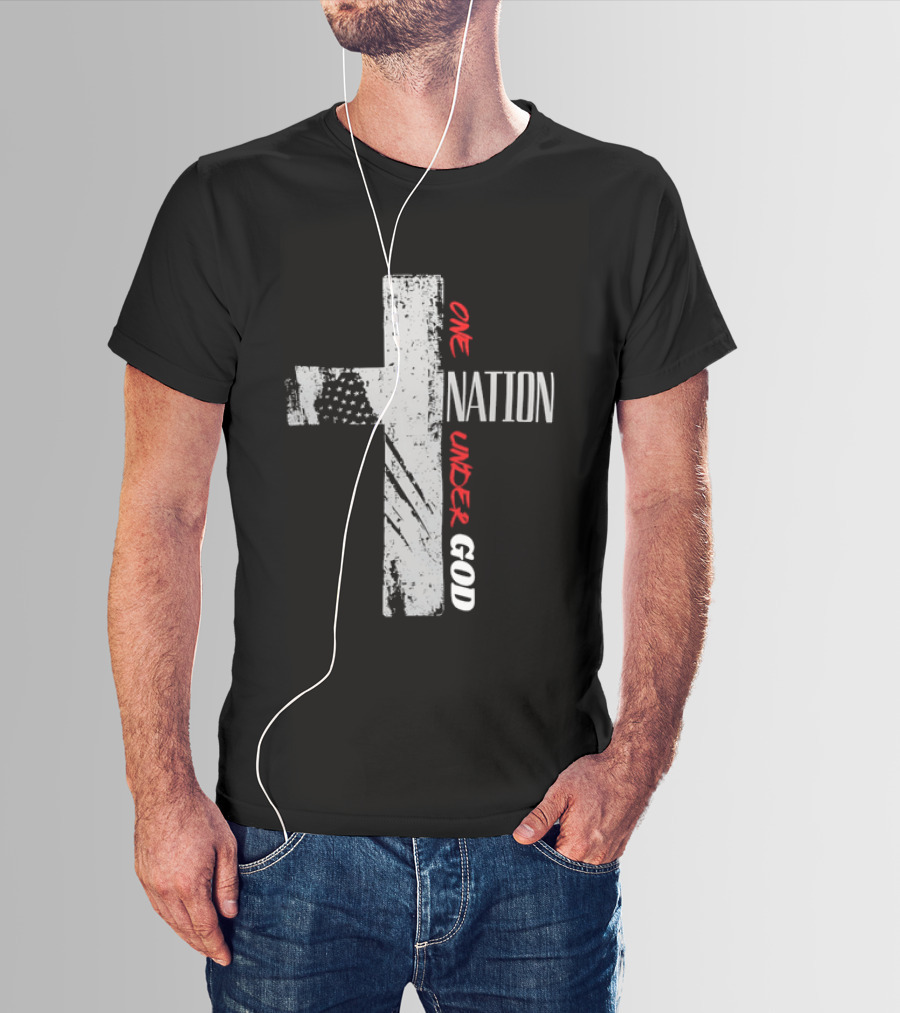 One Nation Under God Distressed Cross American Flag Stars T-Shirt