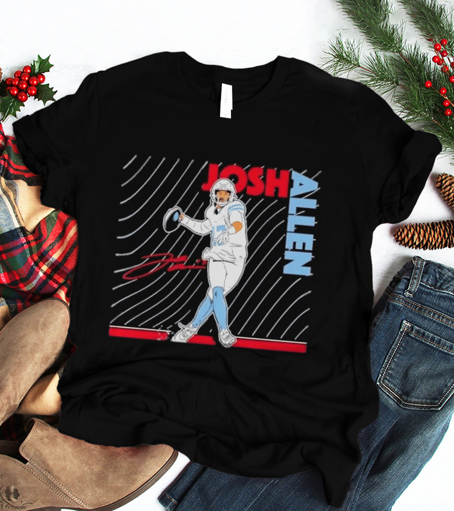 Josh Allen Quarterback Throwing Football Wavy Line Illustration With Bold Name T-Shirt