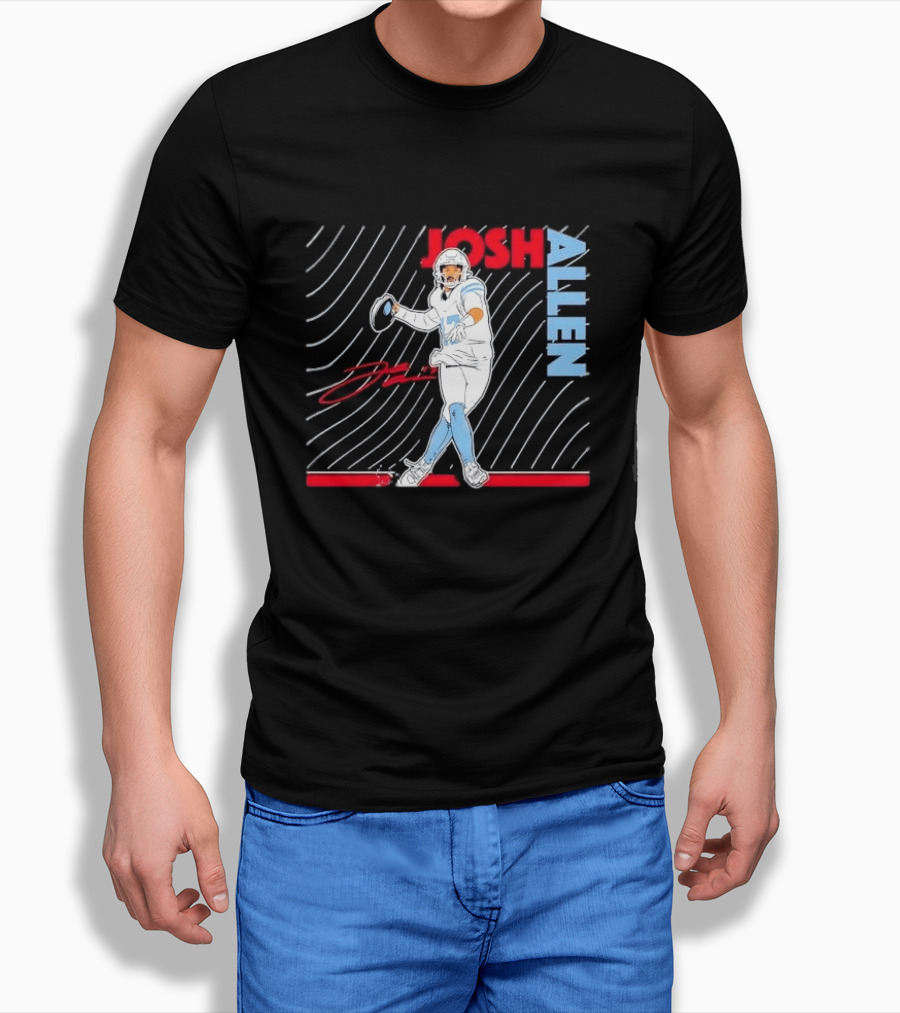 Josh Allen Quarterback Throwing Football Wavy Line Illustration With Bold Name T-Shirt