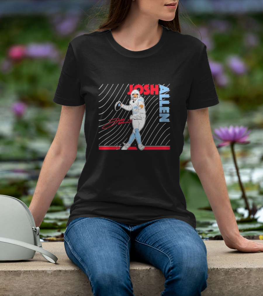 Josh Allen Quarterback Throwing Football Wavy Line Illustration With Bold Name T-Shirt