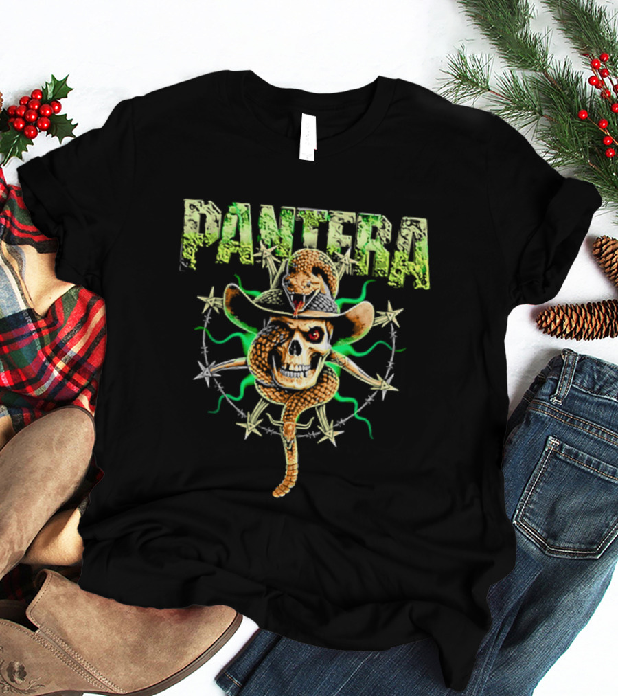 Pantera Rattlesnake Coiled Skull Cowboy Hat Green Glow T-Shirt