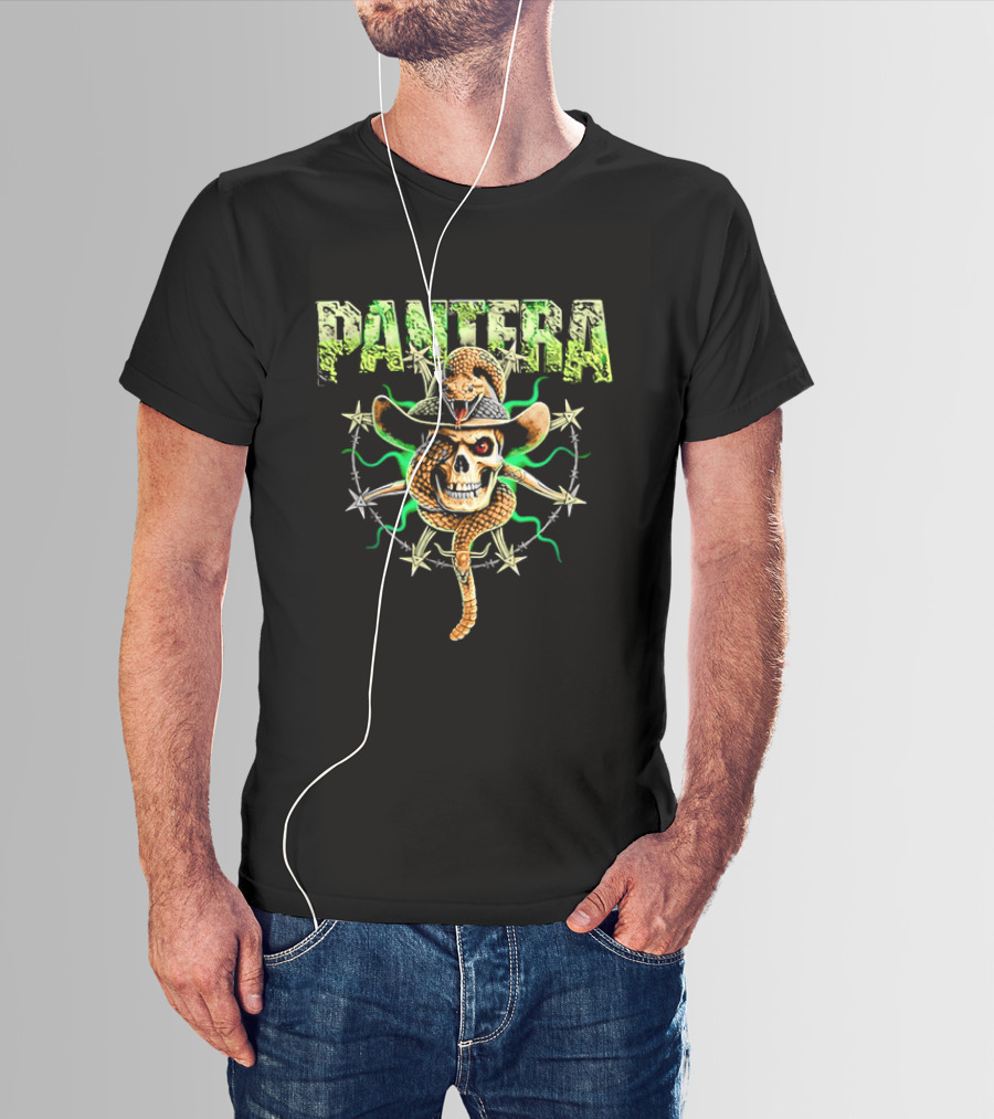 Pantera Rattlesnake Coiled Skull Cowboy Hat Green Glow T-Shirt