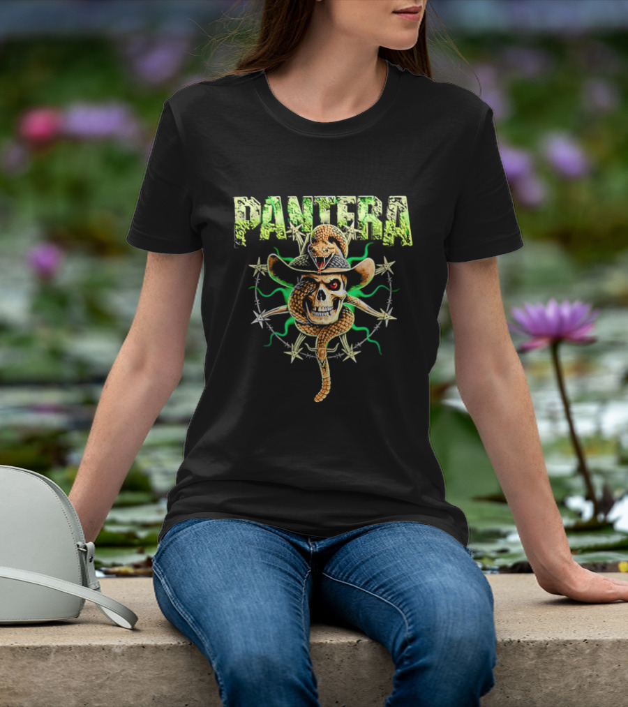 Pantera Rattlesnake Coiled Skull Cowboy Hat Green Glow T-Shirt