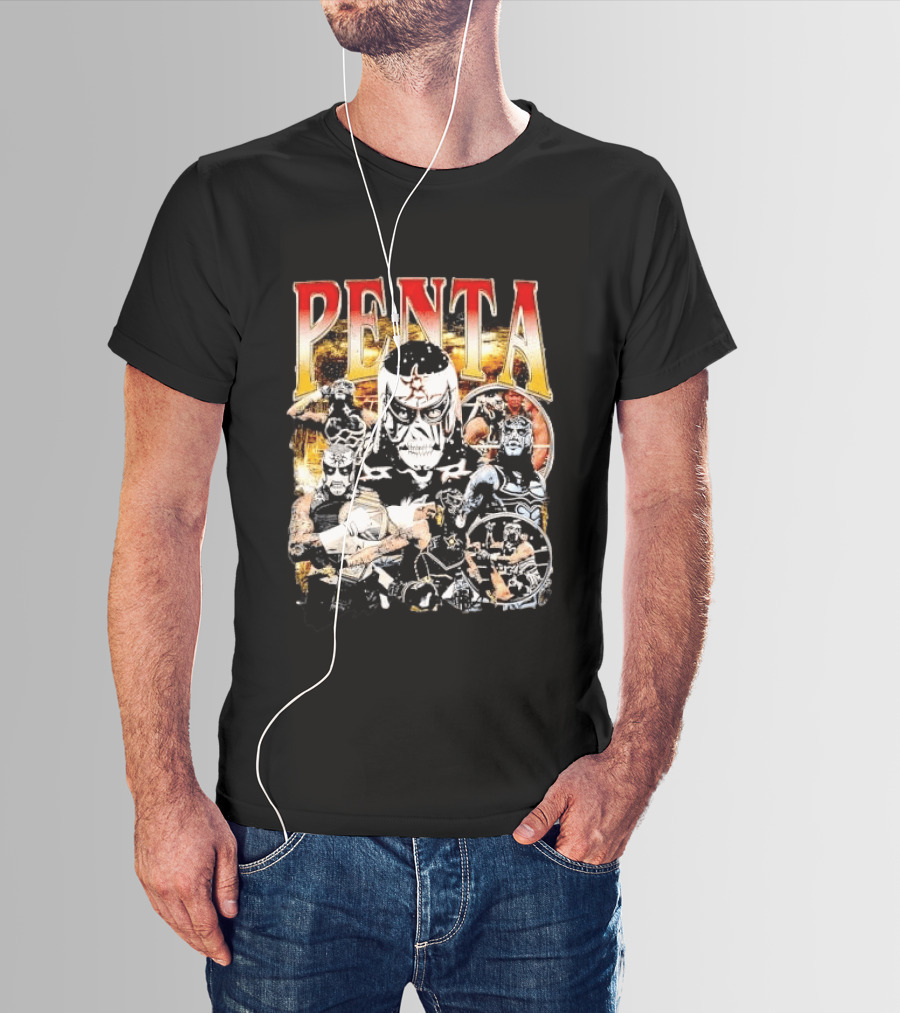 Penta Masked Luchador Wrestler Belt Photo Collage Bootleg T-Shirt