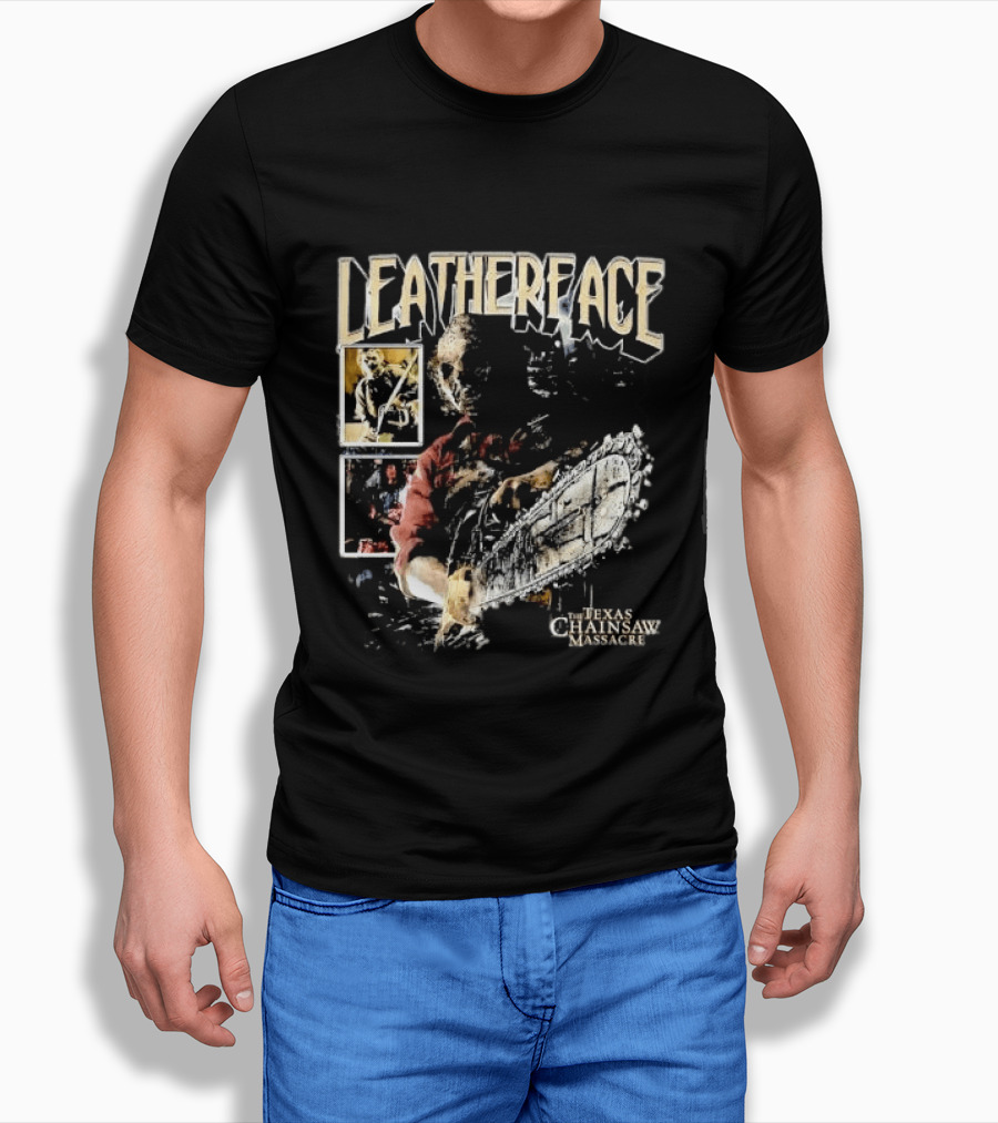 Leatherface Texas Chainsaw Massacre Horror Collage Holding Saw T-Shirt