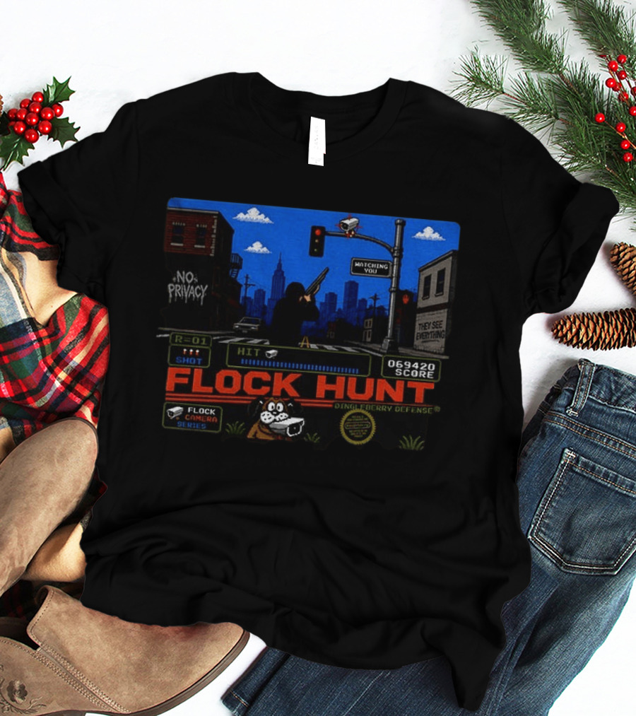 Flock Hunt Surveillance Camera Shooter Dog Video Game No Privacy Dingleberry Defense T-Shirt