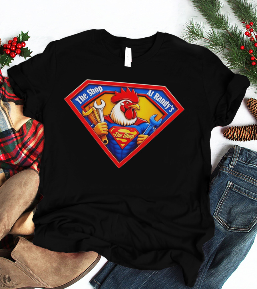 The Shop At Randy's Cartoon Rooster Superhero Wrenches Crest T-Shirt