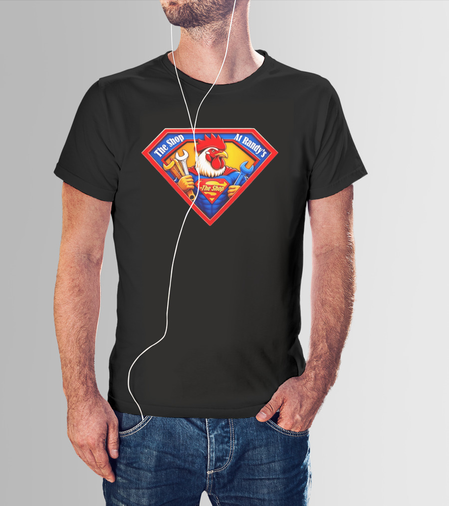 The Shop At Randy's Cartoon Rooster Superhero Wrenches Crest T-Shirt