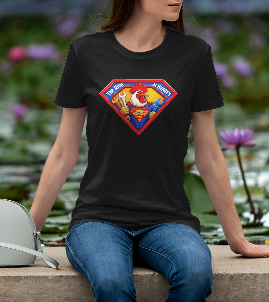 The Shop At Randy's Cartoon Rooster Superhero Wrenches Crest T-Shirt