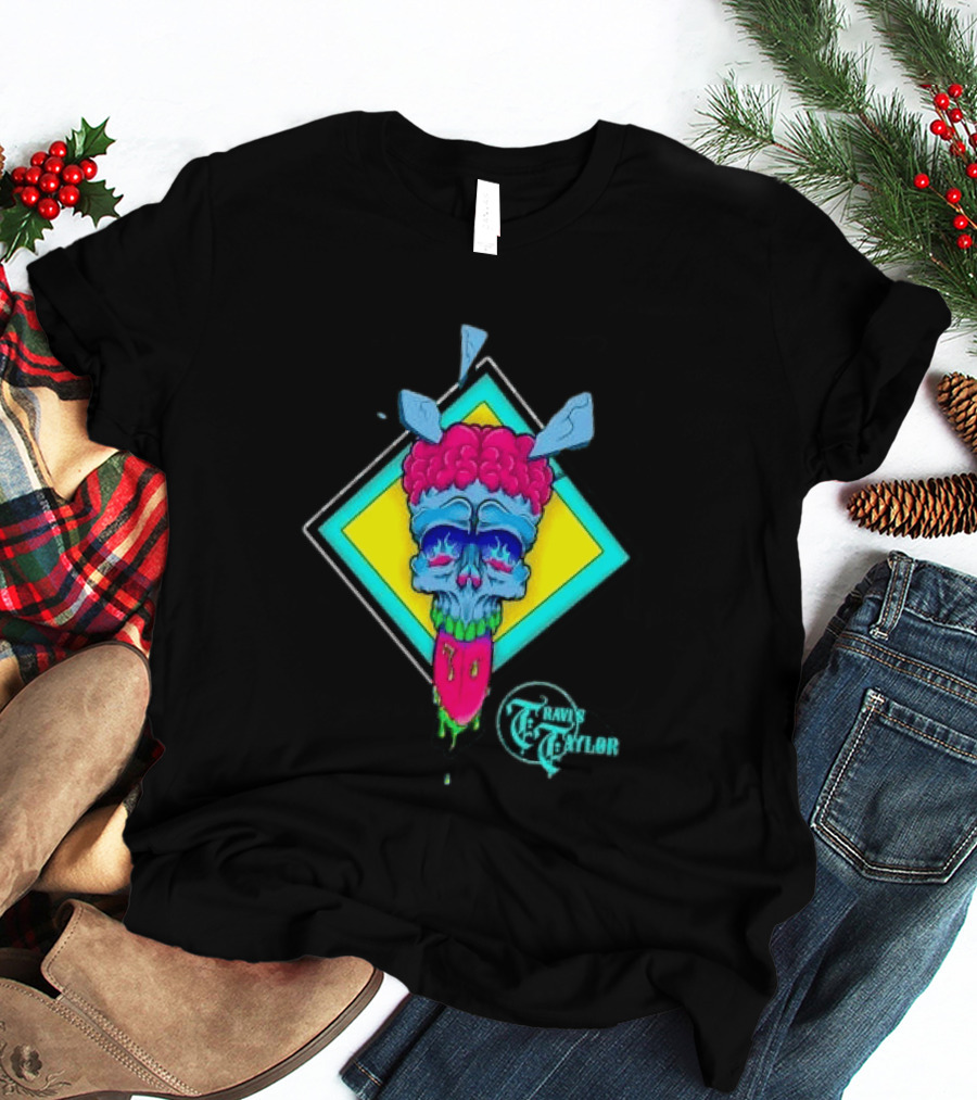 Travis Taylor Neon Skull Pink Brain Green Slime Tongue Diamond Geometric T-Shirt