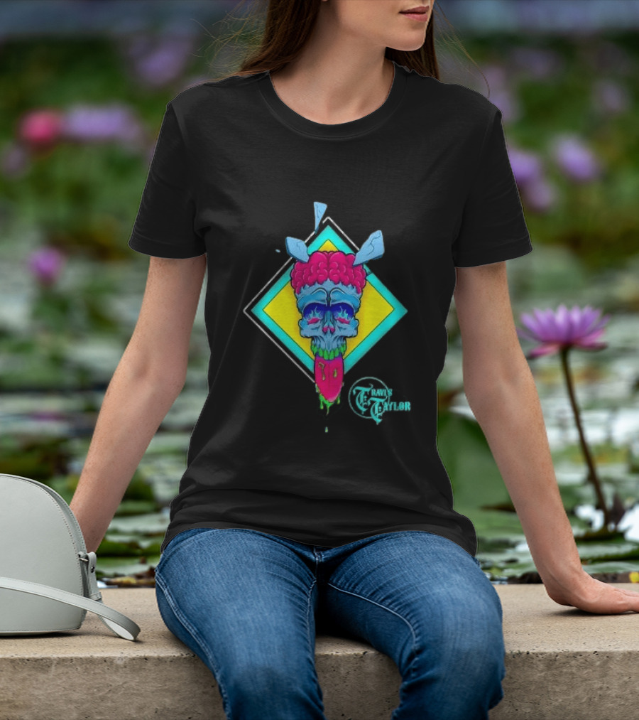 Travis Taylor Neon Skull Pink Brain Green Slime Tongue Diamond Geometric T-Shirt