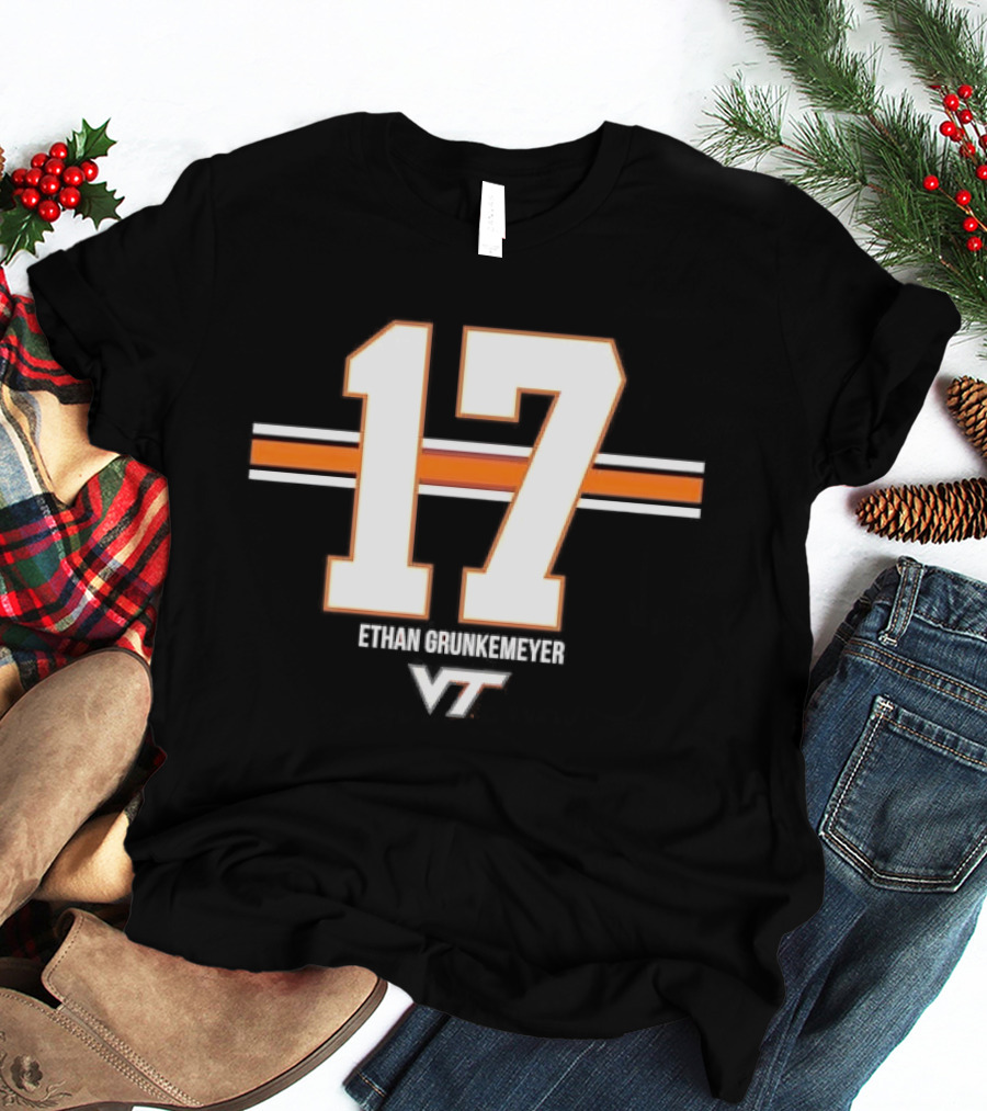 Virginia Tech Hokies Ethan Grunkemeyer 17 Horizontal Stripes T-Shirt