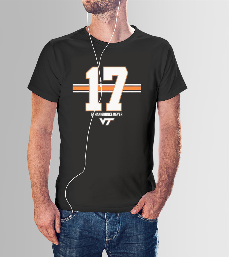 Virginia Tech Hokies Ethan Grunkemeyer 17 Horizontal Stripes T-Shirt