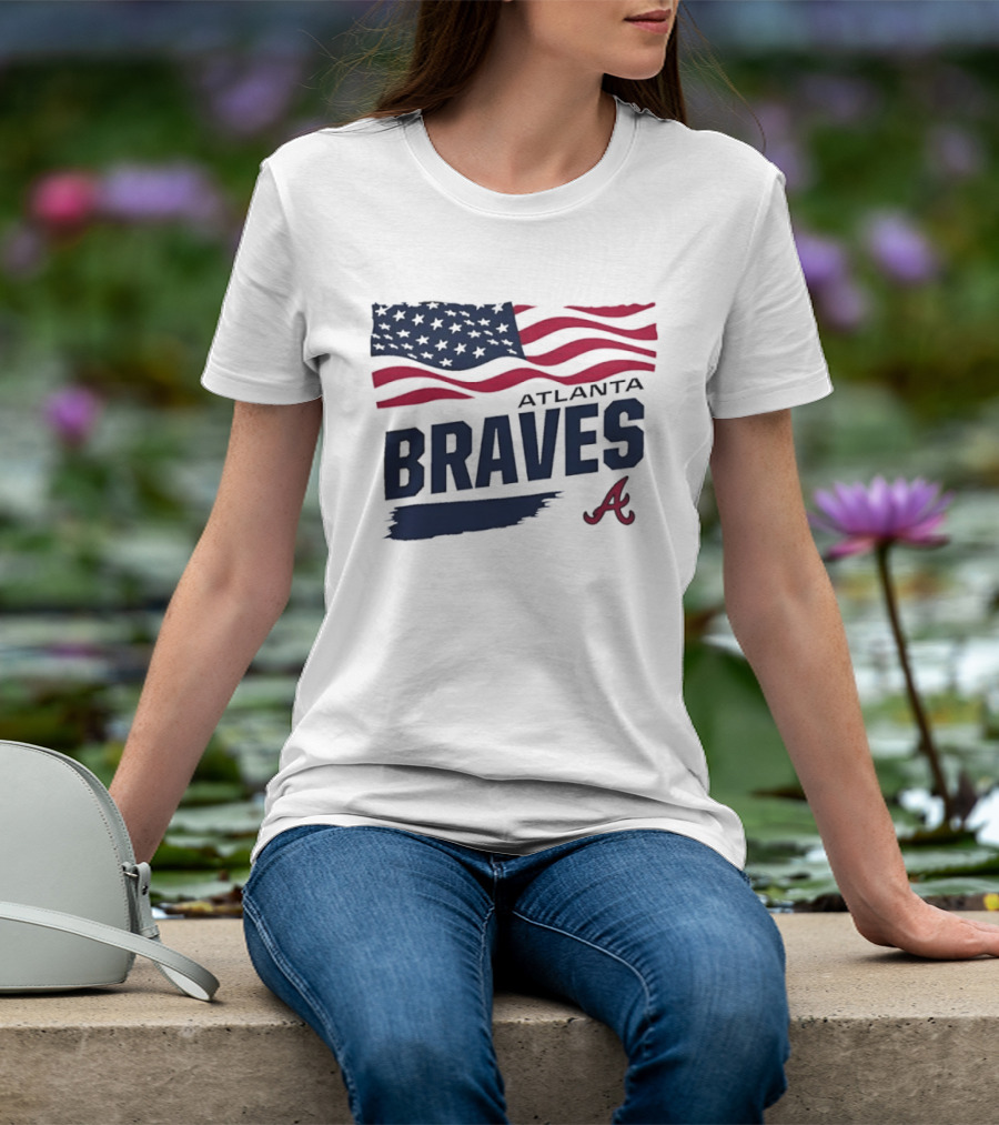 Atlanta Braves Waving American Flag Brushstroke MLB T-Shirt