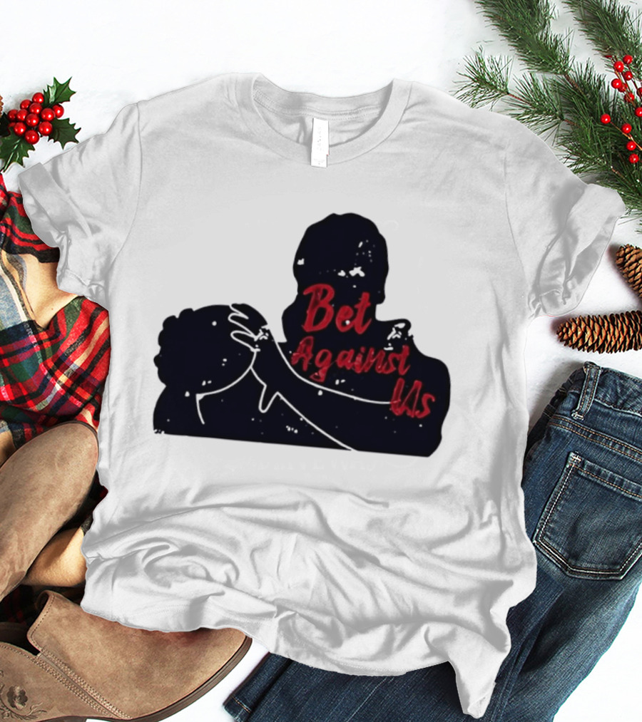 Bet Against Us Red Script Embracing Figures White Line T-Shirt