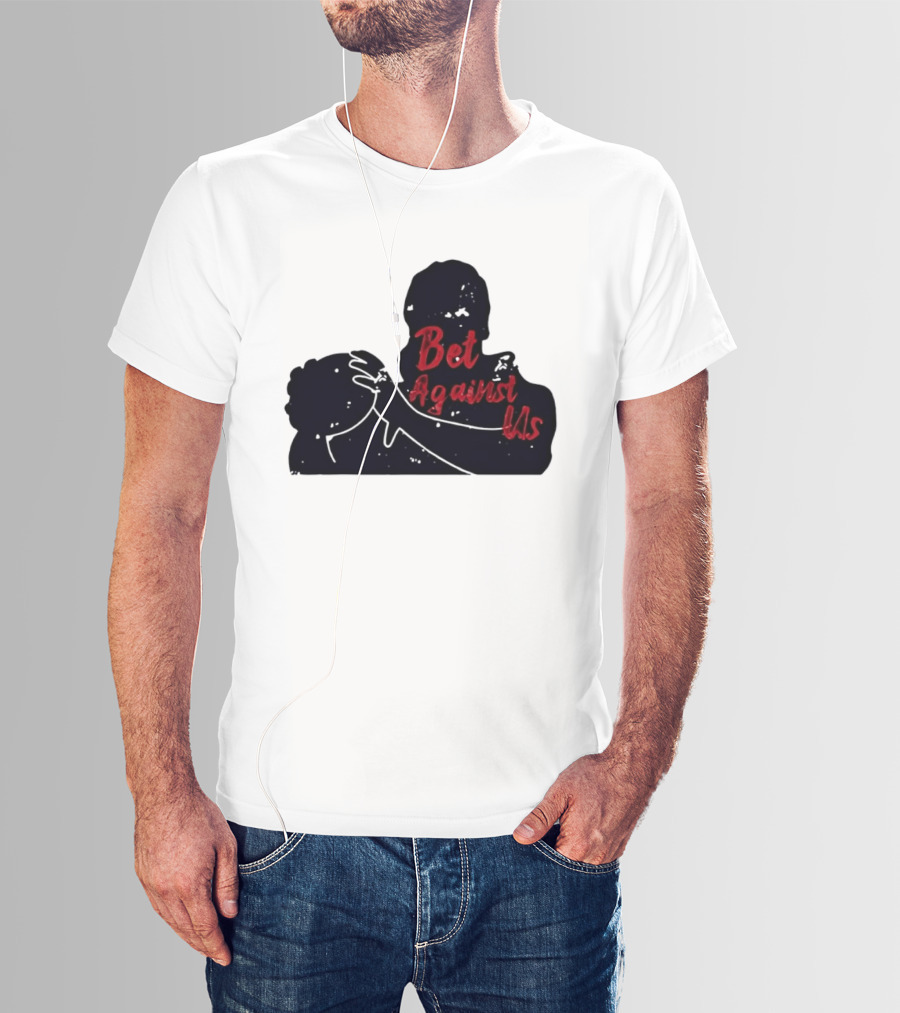 Bet Against Us Red Script Embracing Figures White Line T-Shirt