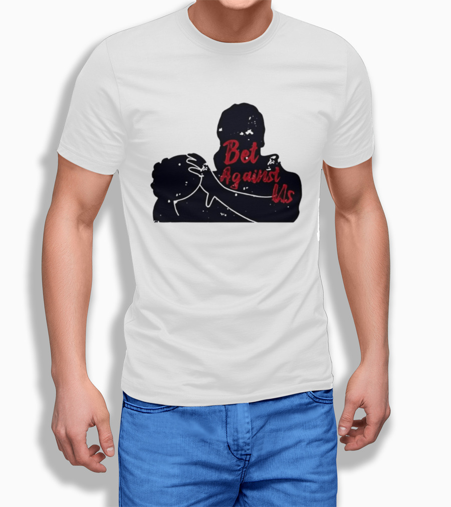 Bet Against Us Red Script Embracing Figures White Line T-Shirt