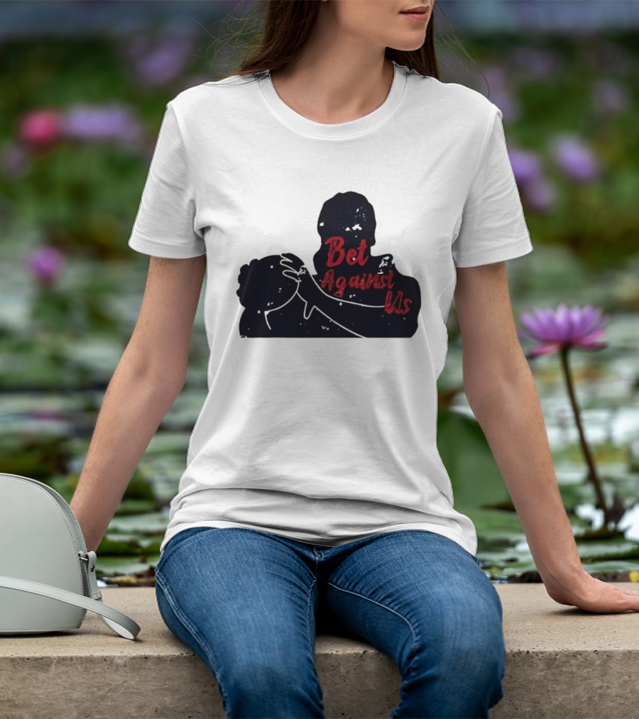 Bet Against Us Red Script Embracing Figures White Line T-Shirt