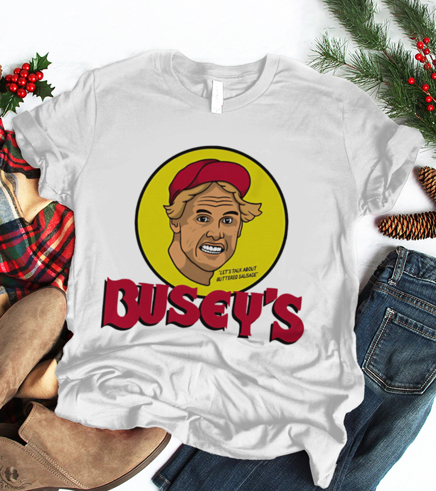 Busey's Let's Talk About Buttered Sausage Gary Busey Red Cap T-Shirt