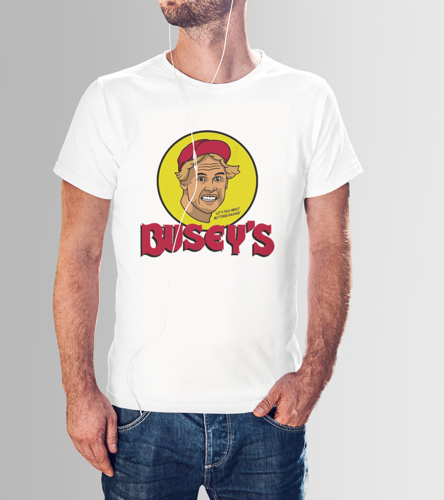 Busey's Let's Talk About Buttered Sausage Gary Busey Red Cap T-Shirt
