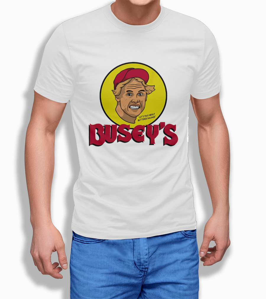 Busey's Let's Talk About Buttered Sausage Gary Busey Red Cap T-Shirt