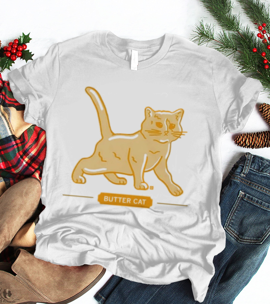 Butter Cat Yellow Orange Cartoon Walking Feline Line T-Shirt