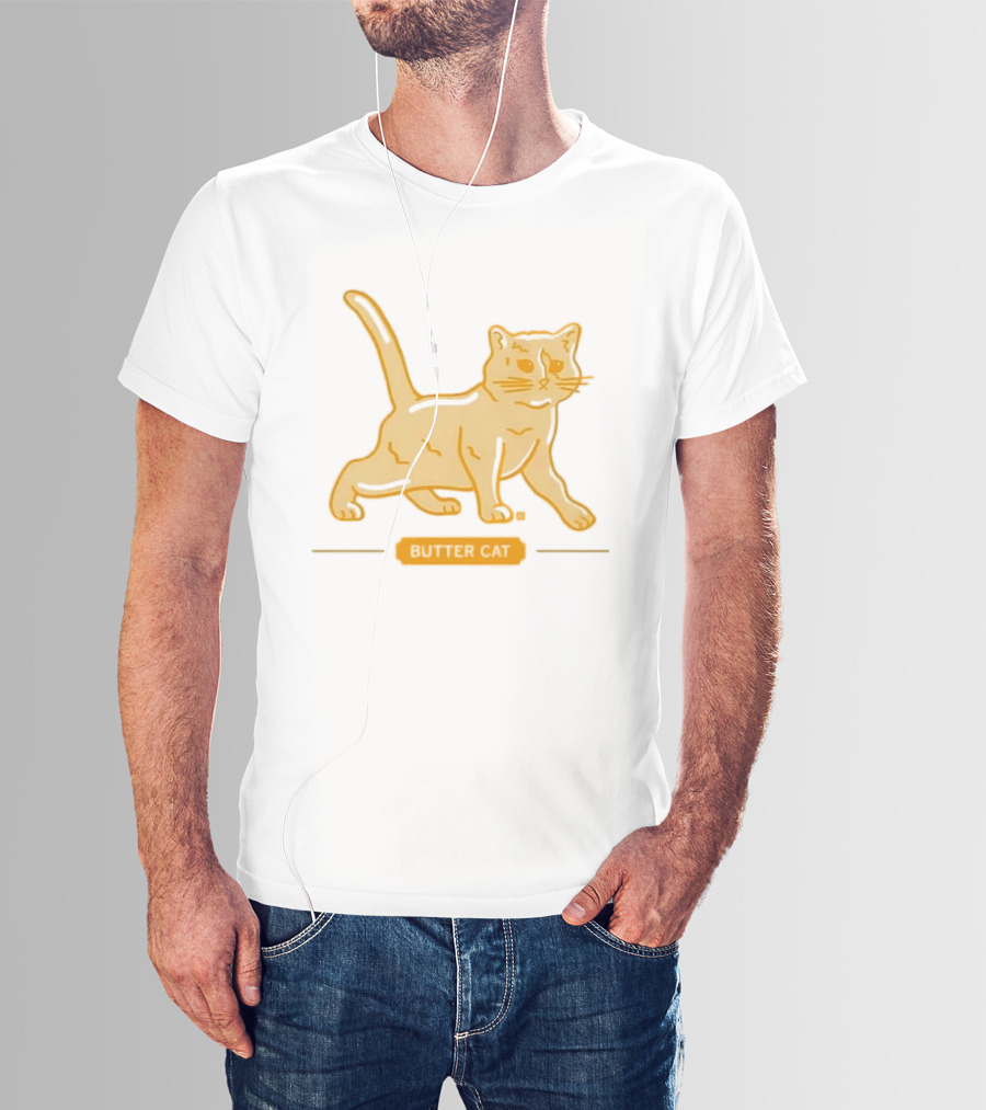 Butter Cat Yellow Orange Cartoon Walking Feline Line T-Shirt